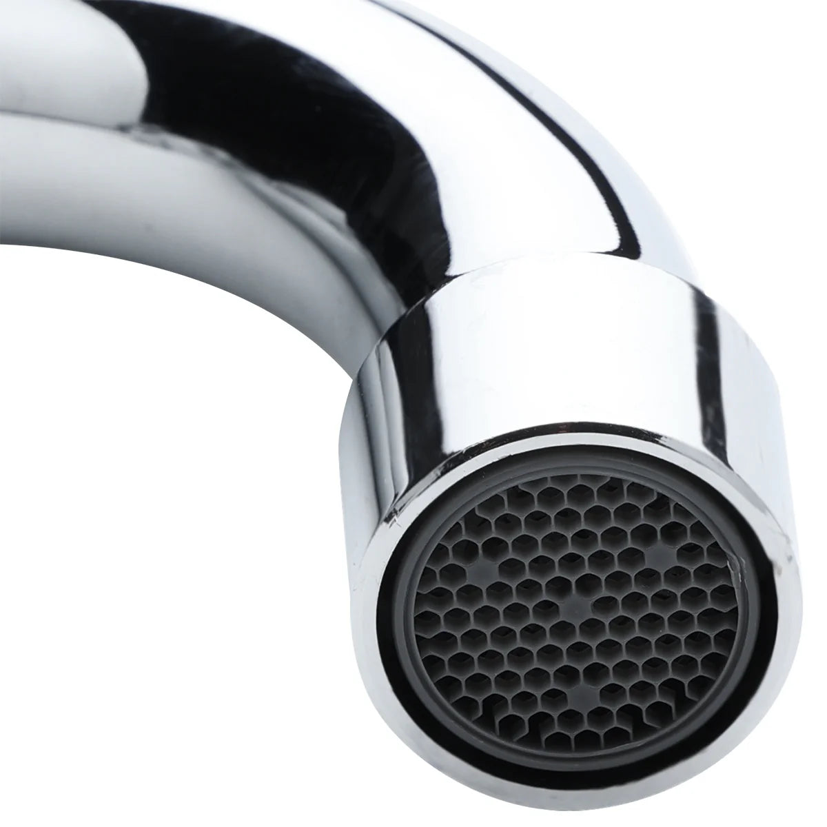 Close-up of a shiny, stainless wall mount faucet with a curved spout. The end features a round aerator showcasing a honeycomb-like grid pattern inside. The background is plain and white.