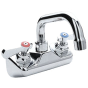 A shiny stainless wall mount faucet with a high-arched swing spout and two separate handles—one topped with a red cap for hot water, the other blue for cold—each marked with screw heads and mounted on a rectangular base.