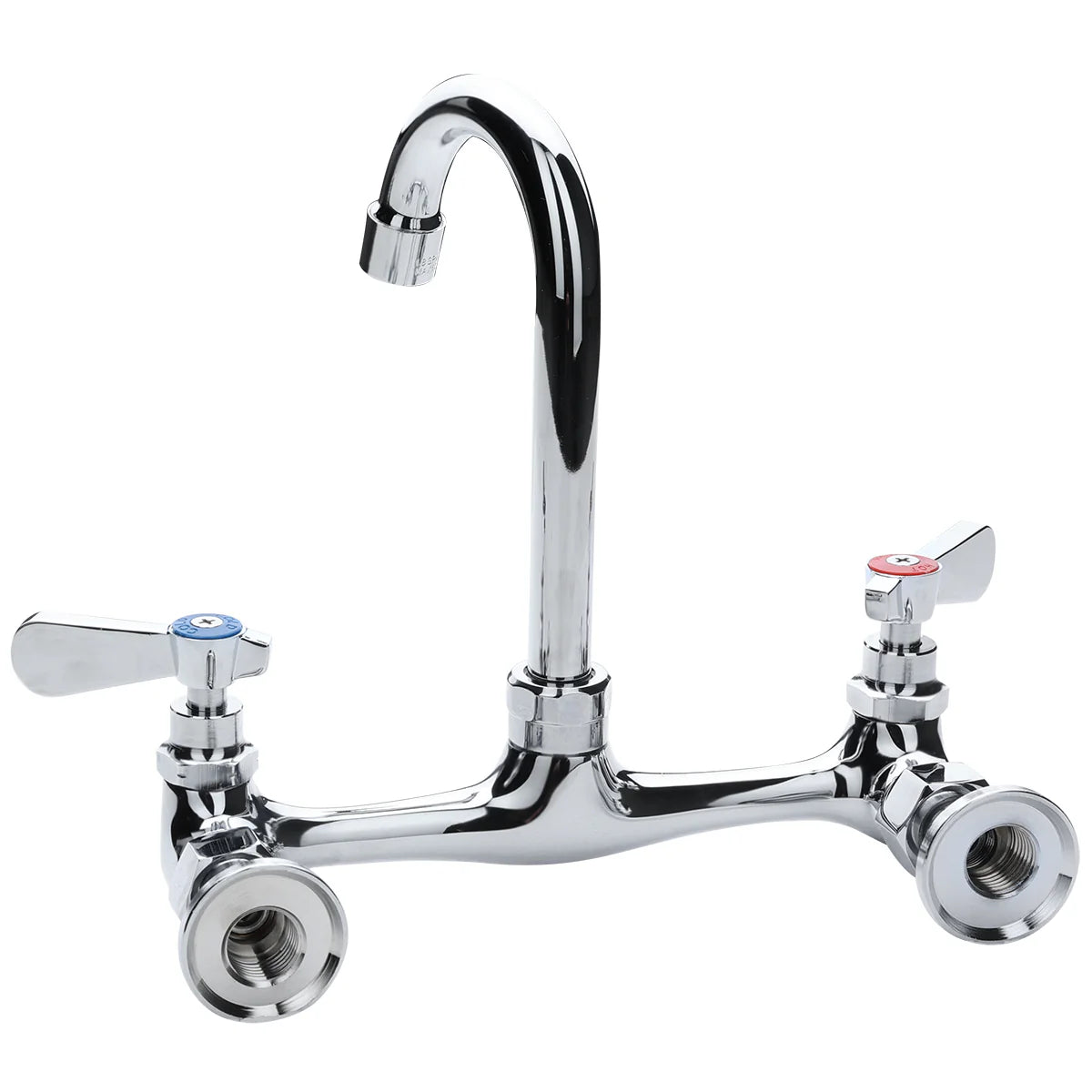 A chrome-finished dual-handle Wall Mount Faucet with a high Swivel Gooseneck Spout. The left handle has a blue marker for cold water, the right has red for hot. Both ends feature threaded pipe fittings for installation.