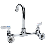 A chrome-finished dual-handle Wall Mount Faucet with a high Swivel Gooseneck Spout. The left handle has a blue marker for cold water, the right has red for hot. Both ends feature threaded pipe fittings for installation.