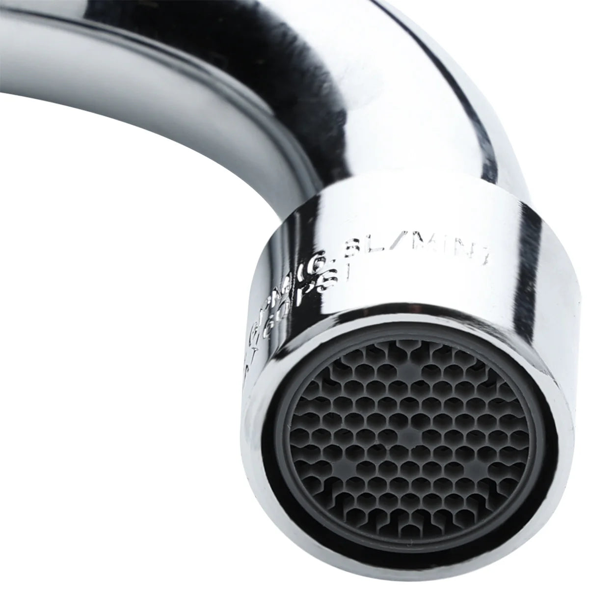 Close-up of a shiny, chrome wall mount faucet spout with a black aerator at the tip. The aerator has a honeycomb pattern, and some engraved text is partially visible on the metal near the end. The background is plain and uncluttered.