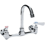 A shiny chrome wall mount faucet with a high-arched swivel gooseneck spout. It features two handles: the left with a red marker and round grip for hot water, and the right with a blue marker and lever grip for cold water.
