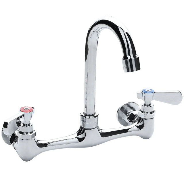A shiny chrome wall mount faucet with a high-arched swivel gooseneck spout. It features two handles: the left with a red marker and round grip for hot water, and the right with a blue marker and lever grip for cold water.