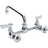 A shiny chrome Empura stainless wall mount faucet with two handles—blue for cold, red for hot. The swing spout is curved and centered above the handles, offering style and convenience for any kitchen.