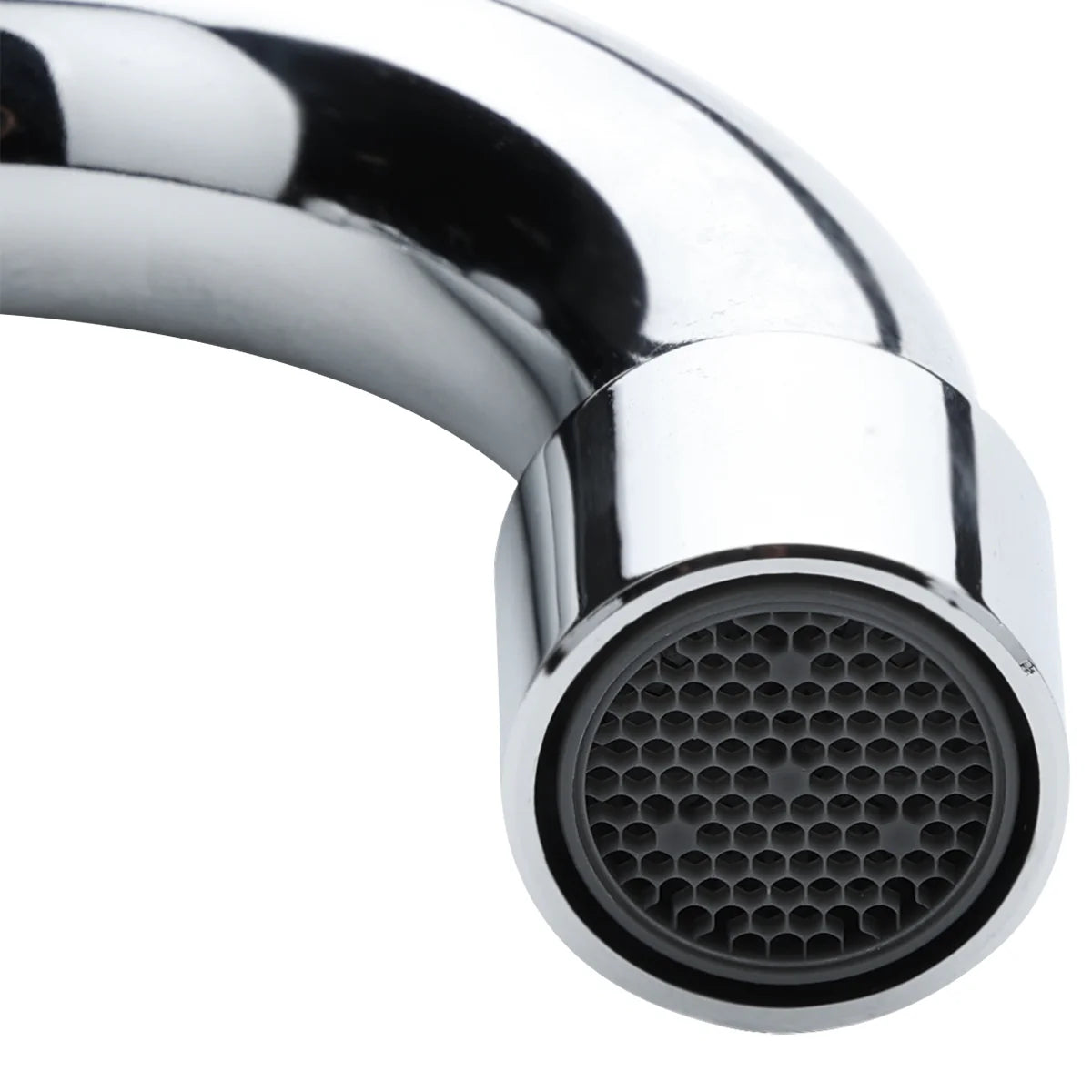 Close-up view of a shiny, polished chrome wall mount faucet with a curved design and swing spout. The round, black aerator at the tip features a honeycomb pattern, and the Empura stainless surface reflects light for a sleek finish.