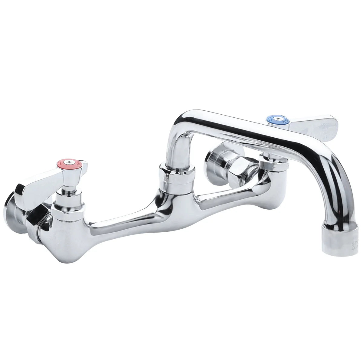 A shiny chrome Empura stainless wall mount faucet with two lever handles—one red for hot, one blue for cold. The swing spout arches outward and down, perfect for kitchen or utility sink use.