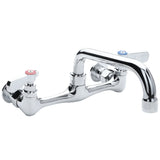 A shiny chrome Empura stainless wall mount faucet with two lever handles—one red for hot, one blue for cold. The swing spout arches outward and down, perfect for kitchen or utility sink use.