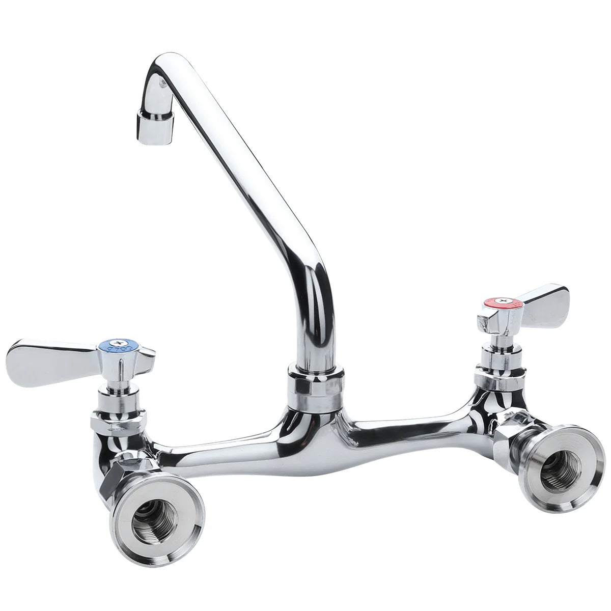 A shiny chrome wall mount faucet with a high-arching swing spout and two separate lever handles—left with a blue cap for cold water, right with a red cap for hot. Both ends feature threaded pipe connections underneath.