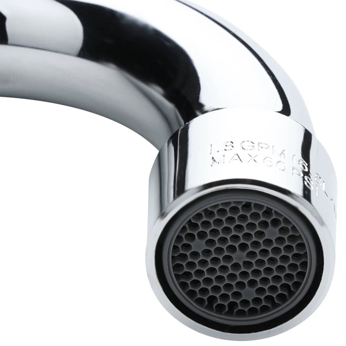 Close-up of a shiny, chrome Empura stainless wall mount faucet with a honeycomb-patterned aerator at the end. The swing spout curves downward, and flow rate and pressure are engraved near the aerator. The background is out of focus and white.