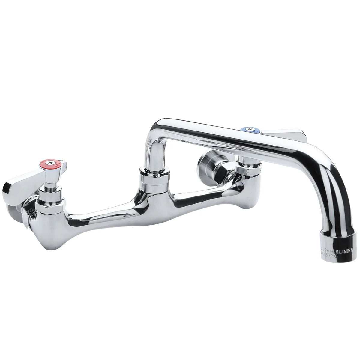 A shiny, Empura stainless wall mount faucet with two handles—one red for hot, one blue for cold—connected by a horizontal pipe, and a curved swing spout projecting outward for smooth water flow.
