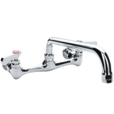 A shiny, Empura stainless wall mount faucet with two handles—one red for hot, one blue for cold—connected by a horizontal pipe, and a curved swing spout projecting outward for smooth water flow.