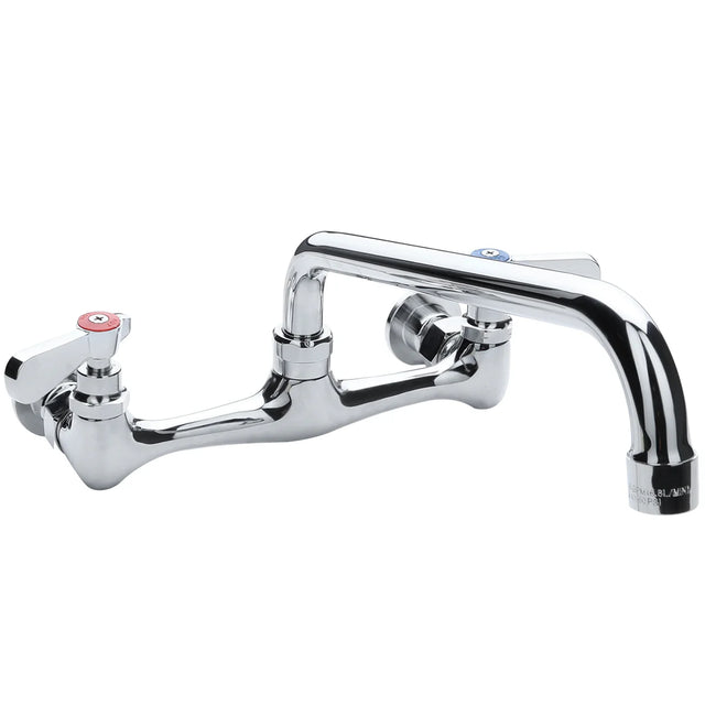 A shiny, Empura stainless wall mount faucet with two handles—one red for hot, one blue for cold—connected by a horizontal pipe, and a curved swing spout projecting outward for smooth water flow.