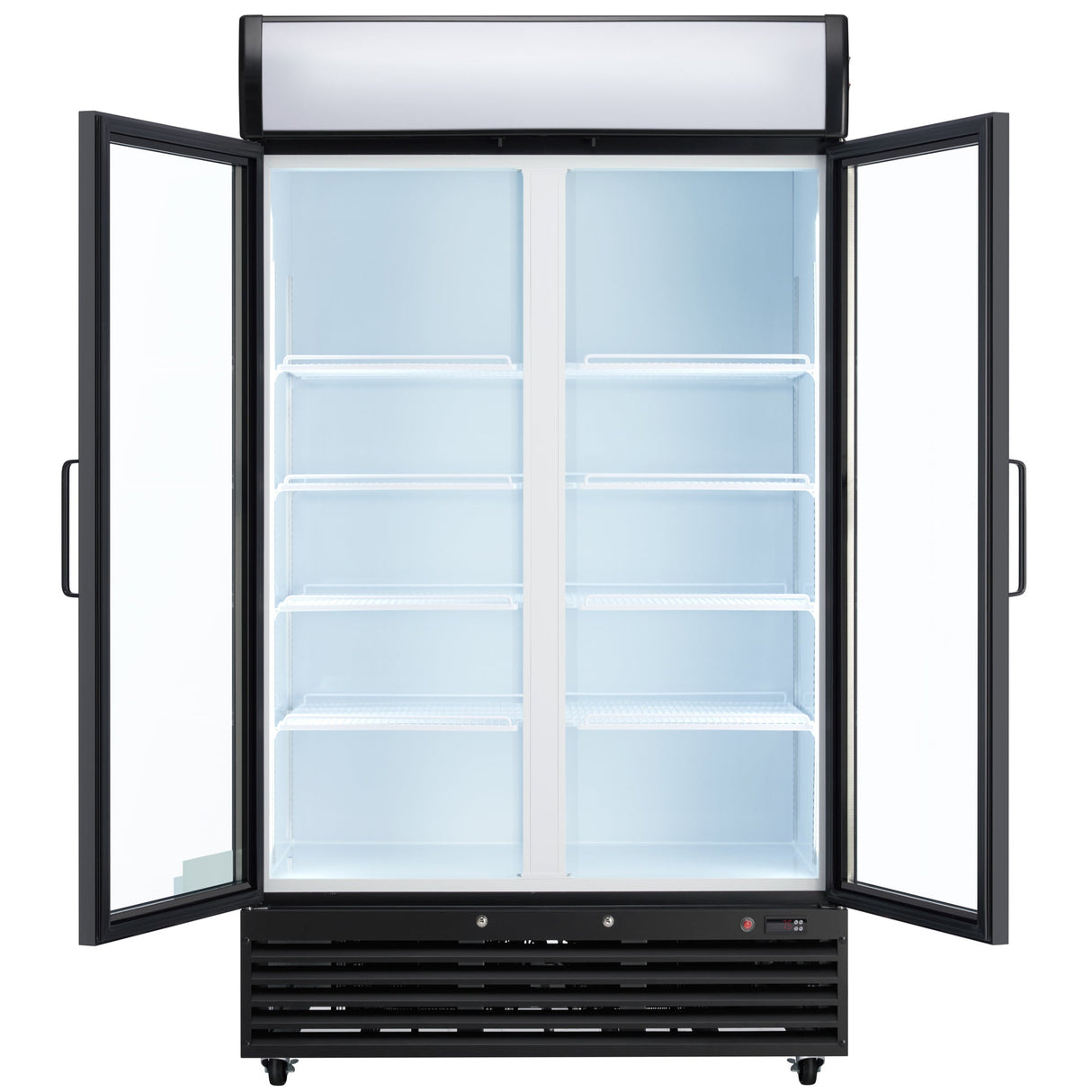 A commercial refrigerated merchandiser stands with both glass swing doors open, revealing six empty, white wire shelves inside. This Empura Refrigeration unit is black with a vented panel below and brightly lit interior shelves.