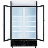 A commercial refrigerated merchandiser stands with both glass swing doors open, revealing six empty, white wire shelves inside. This Empura Refrigeration unit is black with a vented panel below and brightly lit interior shelves.