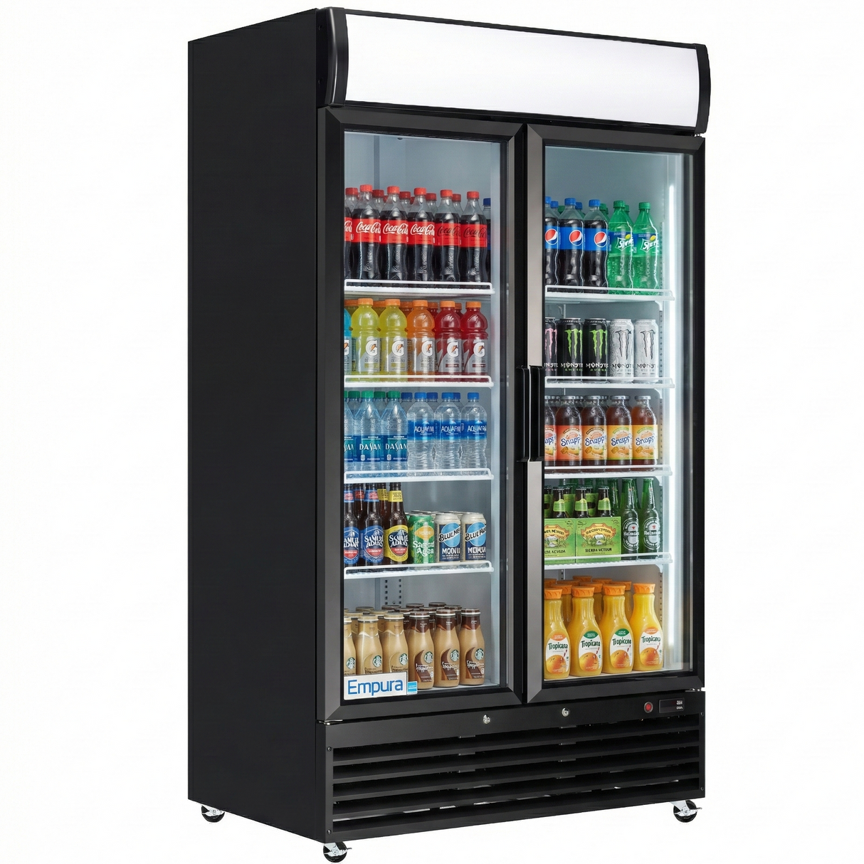 A commercial Empura Refrigeration black double-door refrigerated merchandiser features glass swing doors displaying assorted beverages on shelves. The cooler is on wheels with a white sign space at the top.