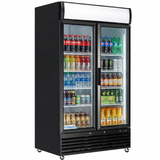 A commercial Empura Refrigeration black double-door refrigerated merchandiser features glass swing doors displaying assorted beverages on shelves. The cooler is on wheels with a white sign space at the top.