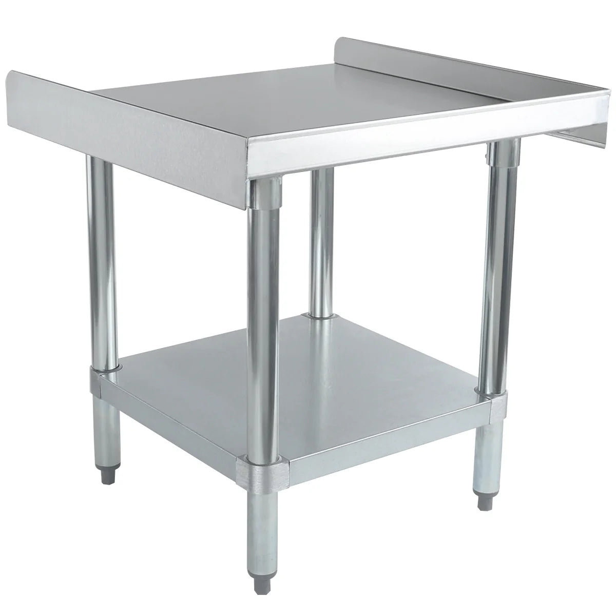 An NSF-certified stainless steel utility table with a flat top, three raised splash guards, four sturdy legs, and a lower shelf for extra storage. Perfect as an equipment stand in any kitchen or workshop with its shiny, metallic finish.