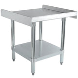 An NSF-certified stainless steel utility table with a flat top, three raised splash guards, four sturdy legs, and a lower shelf for extra storage. Perfect as an equipment stand in any kitchen or workshop with its shiny, metallic finish.