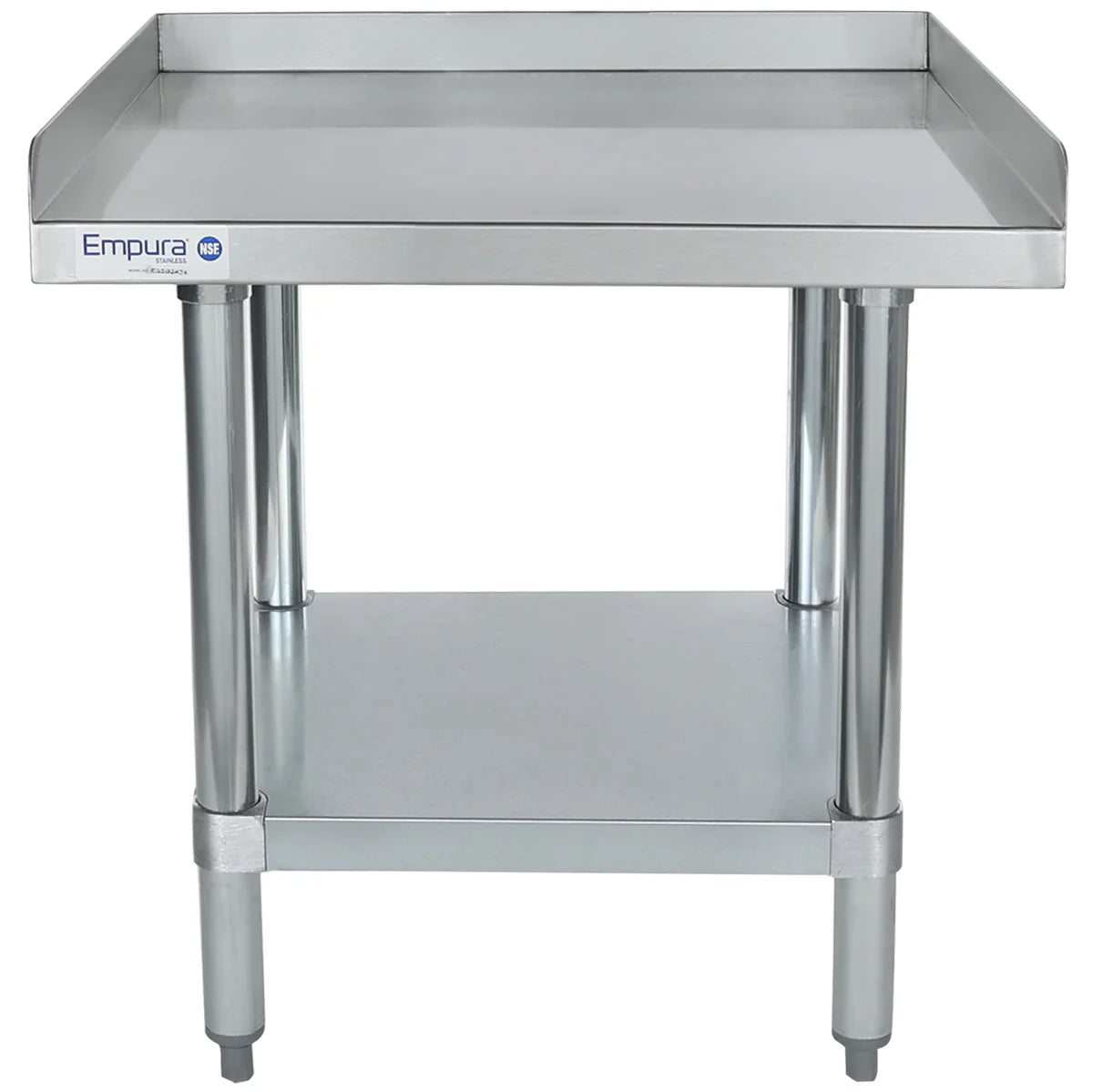A stainless steel work table with NSF certification, four legs, an undershelf, and raised back and side edges. The Empura table’s clean surface and simple design make it a functional equipment stand for commercial kitchens.