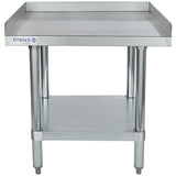 A stainless steel work table with NSF certification, four legs, an undershelf, and raised back and side edges. The Empura table’s clean surface and simple design make it a functional equipment stand for commercial kitchens.