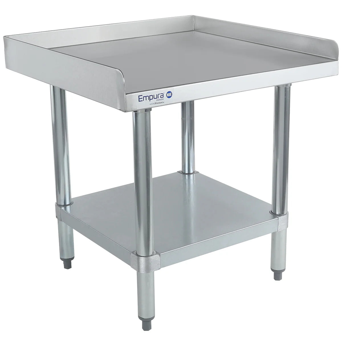 A stainless steel work table with an Empura logo, NSF certification, raised back and sides, four sturdy legs, an adjustable lower shelf, and adjustable feet—ideal as an equipment stand in any commercial kitchen. The smooth surface is easy to clean.