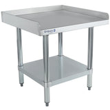 A stainless steel work table with an Empura logo, NSF certification, raised back and sides, four sturdy legs, an adjustable lower shelf, and adjustable feet—ideal as an equipment stand in any commercial kitchen. The smooth surface is easy to clean.