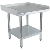 A stainless steel work table with an Empura logo, NSF certification, raised back and sides, four sturdy legs, an adjustable lower shelf, and adjustable feet—ideal as an equipment stand in any commercial kitchen. The smooth surface is easy to clean.