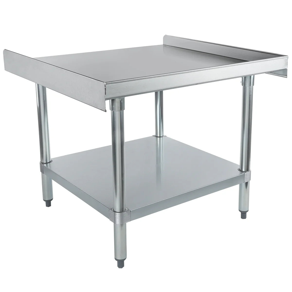 A stainless steel work table with an NSF-certified stainless steel top shelf, three raised sides forming a backsplash, sturdy legs, and a lower storage shelf. Adjustable feet and a smooth, industrial design make it perfect as an equipment stand in kitchens or workshops.