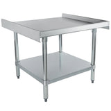 A stainless steel work table with an NSF-certified stainless steel top shelf, three raised sides forming a backsplash, sturdy legs, and a lower storage shelf. Adjustable feet and a smooth, industrial design make it perfect as an equipment stand in kitchens or workshops.