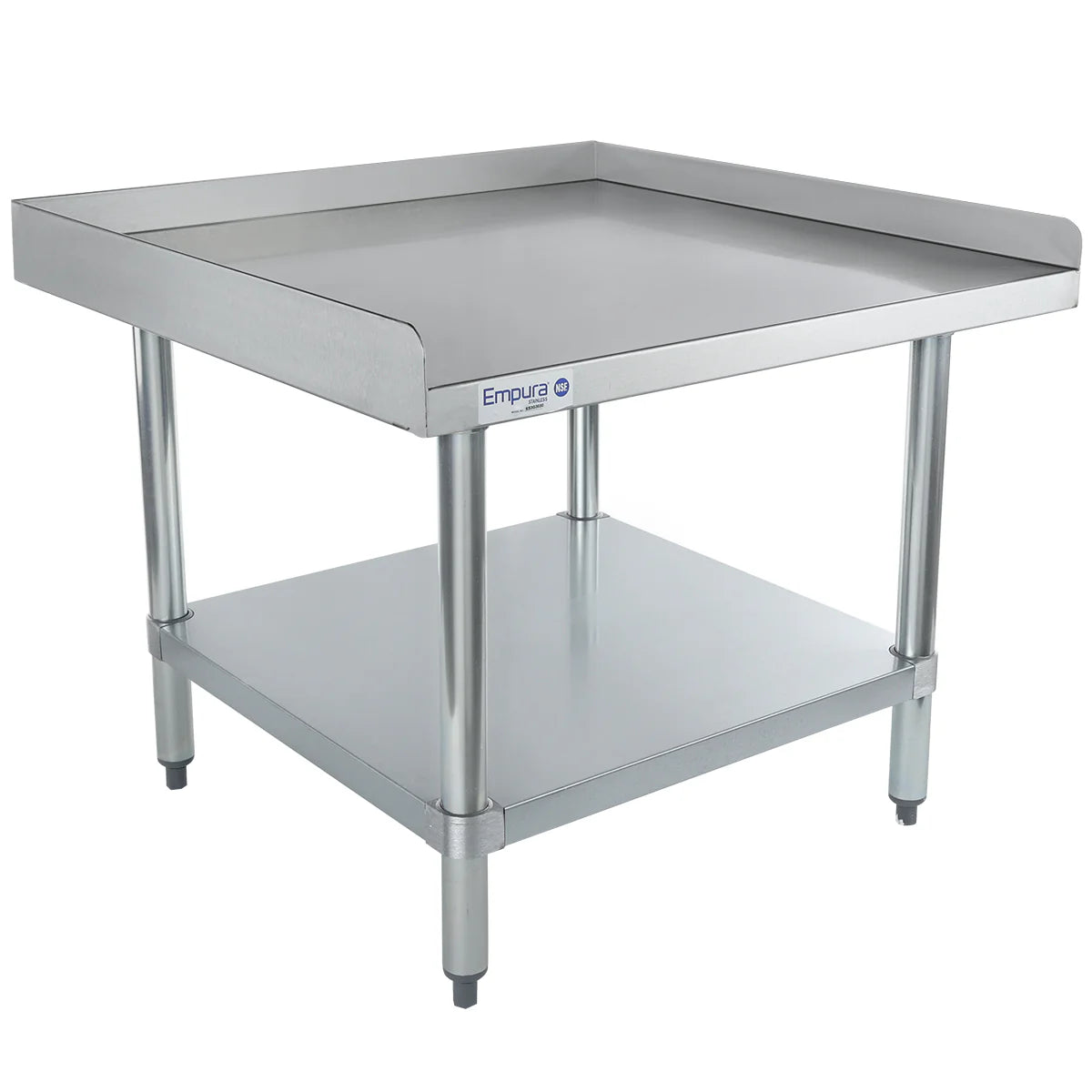 A sturdy, industrial equipment stand with a stainless steel top shelf, four cylindrical legs, and a raised edge on three sides. The lower shelf adds extra storage. NSF certified for commercial kitchen use. Brand label Empura is visible.