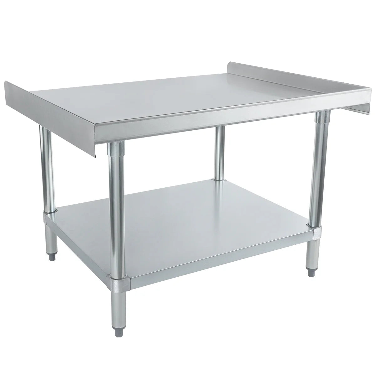 This stainless steel work table features an NSF-certified stainless steel top shelf, an open undershelf for extra storage, four sturdy legs with adjustable feet, and raised edges on three sides for equipment stand stability.
