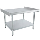 This stainless steel work table features an NSF-certified stainless steel top shelf, an open undershelf for extra storage, four sturdy legs with adjustable feet, and raised edges on three sides for equipment stand stability.