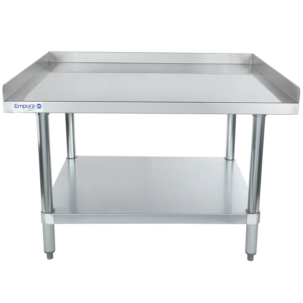 A stainless steel equipment stand with a raised edge on three sides, sturdy metal legs, and an NSF stainless steel top shelf. The lower flat shelf offers extra storage, and a small “Empura” label sits on the front left corner. Background is plain white.