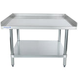 A stainless steel equipment stand with a raised edge on three sides, sturdy metal legs, and an NSF stainless steel top shelf. The lower flat shelf offers extra storage, and a small “Empura” label sits on the front left corner. Background is plain white.