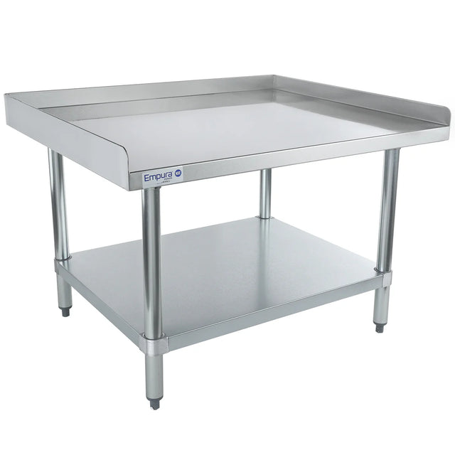 A stainless steel work table with an NSF stainless steel top shelf, sturdy round legs, and an undershelf for extra storage. Clean and metallic, this Empura equipment stand features adjustable feet and raised edges on three sides.