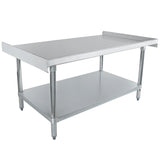 A stainless steel NSF commercial kitchen work table with a flat top, raised edge on three sides, sturdy cylindrical legs, and a lower shelf for storage. This equipment stand features an industrial, modern look against a plain white background.