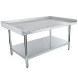 A stainless steel work table with a raised edge on three sides, an open lower shelf, and sturdy cylindrical legs. This NSF-listed Empura equipment stand is ideal for commercial kitchens or food preparation areas.