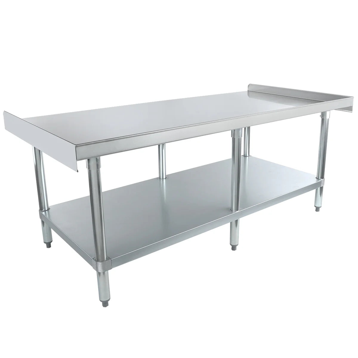 A stainless steel commercial kitchen work table with an NSF stainless steel top shelf, raised edges on two sides, sturdy four legs, and a lower shelf for storage. This simple and functional equipment stand is ideal for food preparation or industrial use.