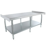 A stainless steel commercial kitchen work table with an NSF stainless steel top shelf, raised edges on two sides, sturdy four legs, and a lower shelf for storage. This simple and functional equipment stand is ideal for food preparation or industrial use.