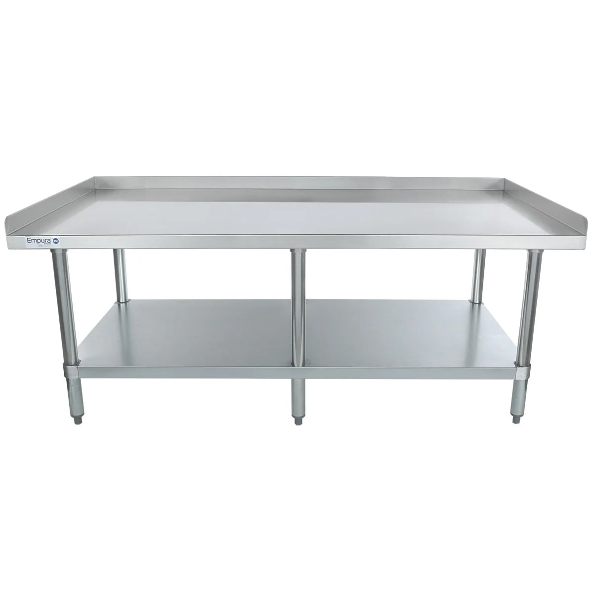 A large NSF stainless steel commercial work table with a raised edge on three sides, four sturdy legs, and a lower equipment stand shelf for extra storage; the clean stainless steel top shelf is ideal for kitchens or industrial settings.