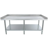 A large NSF stainless steel commercial work table with a raised edge on three sides, four sturdy legs, and a lower equipment stand shelf for extra storage; the clean stainless steel top shelf is ideal for kitchens or industrial settings.