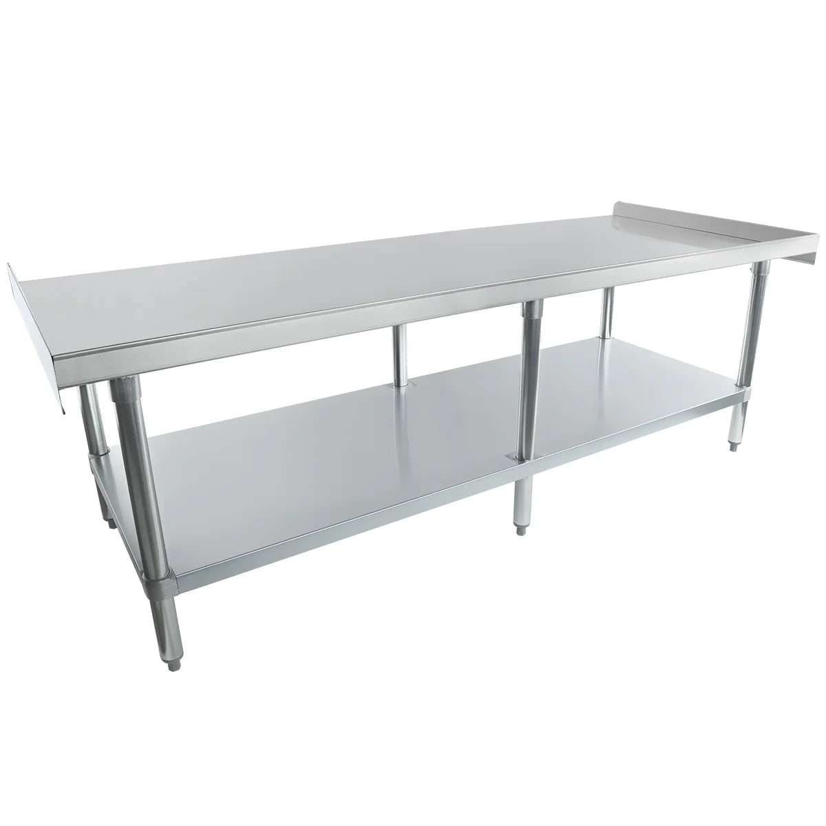 A long stainless steel work table with a smooth top surface, NSF-certified raised backsplash on one side, sturdy cylindrical legs, and an open lower shelf for extra storage, all set against a plain white background.