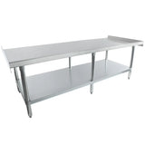 A long stainless steel work table with a smooth top surface, NSF-certified raised backsplash on one side, sturdy cylindrical legs, and an open lower shelf for extra storage, all set against a plain white background.