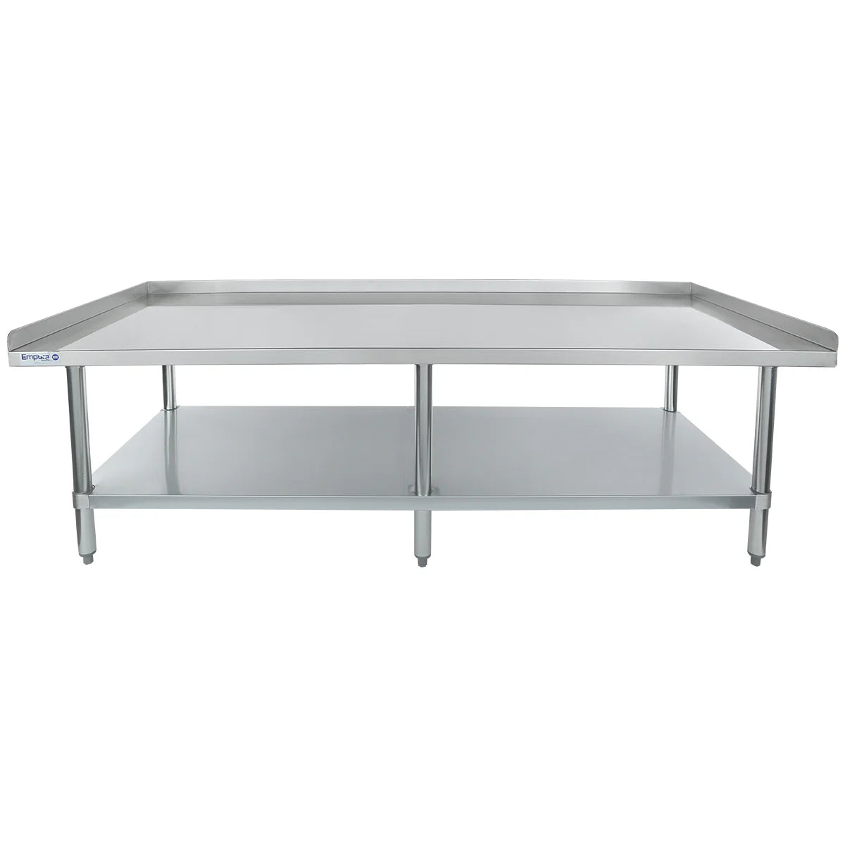 A large NSF stainless steel work table with a raised edge along the back and sides, an open lower shelf for extra storage, and sturdy legs for support. The simple, industrial design is ideal as an equipment stand in kitchens or commercial settings.