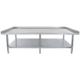 A large NSF stainless steel work table with a raised edge along the back and sides, an open lower shelf for extra storage, and sturdy legs for support. The simple, industrial design is ideal as an equipment stand in kitchens or commercial settings.