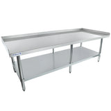 A long, NSF stainless steel commercial work table with a backsplash on three sides, an open lower shelf for storage, and four sturdy legs. The smooth surface is ideal as an equipment stand for kitchen or industrial use. The Empura label is visible on the side.