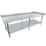 A long, NSF stainless steel commercial work table with a backsplash on three sides, an open lower shelf for storage, and four sturdy legs. The smooth surface is ideal as an equipment stand for kitchen or industrial use. The Empura label is visible on the side.