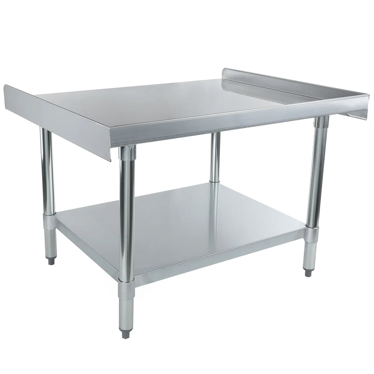 This NSF stainless steel equipment stand features a raised backsplash on three sides, four sturdy cylindrical legs, and an undershelf for storage. The smooth, flat top surface is ideal for kitchen or industrial use.