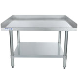 A stainless steel NSF work table with raised edges on three sides, an open lower shelf, and four sturdy legs. The table is labeled Empura on the left front corner and is designed as a durable equipment stand for industrial or kitchen use.