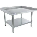 A stainless steel equipment stand with an upper surface featuring three raised edges, four cylindrical legs, an Empura brand logo on the front, and a lower storage shelf. NSF certified for safe kitchen or industrial use.